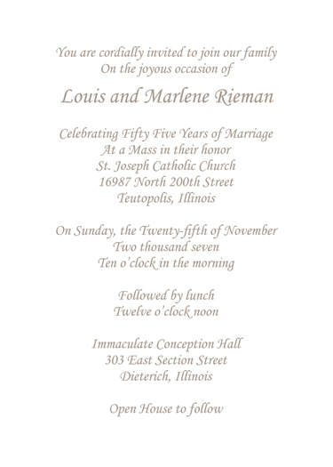 Fifty Fifth Wedding Anniversary Party Invitation