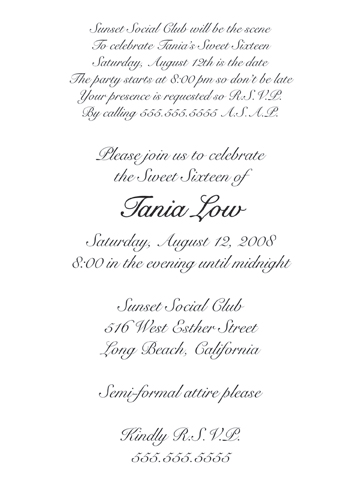 Sweet 16 Invitation - text inside